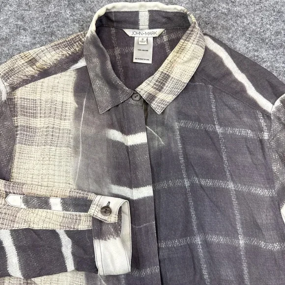 John Mark tunic top women's small gray tan neutral geometric silky boho artsy - Picture 1 of 9